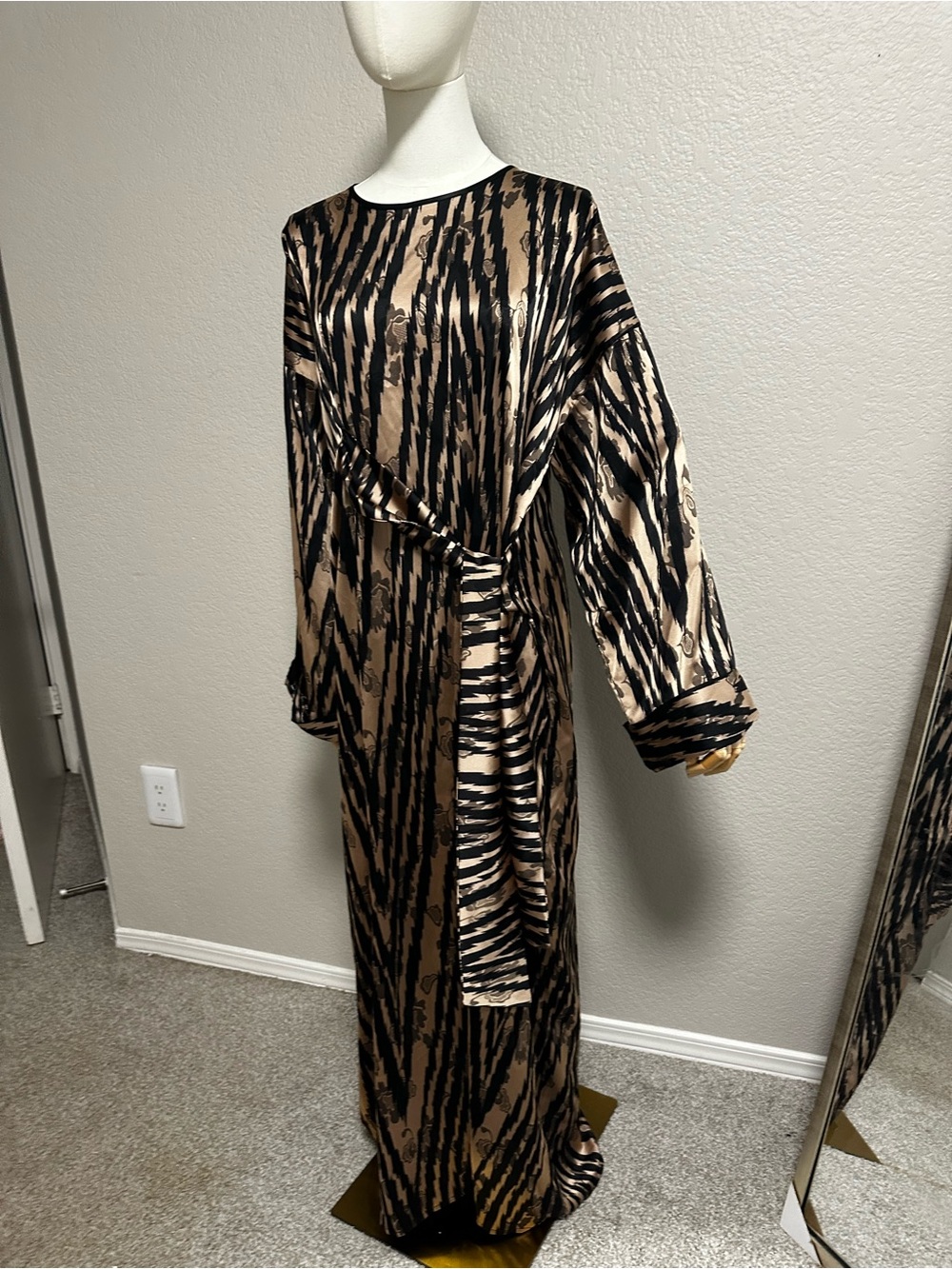Long Sleeve Zebra-Print Satin Maxi Dress in Tan and Black